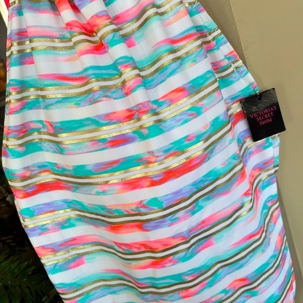 Brand New Victoria's Secret Swimsuit High Neck Strappy Back White Bright Coral